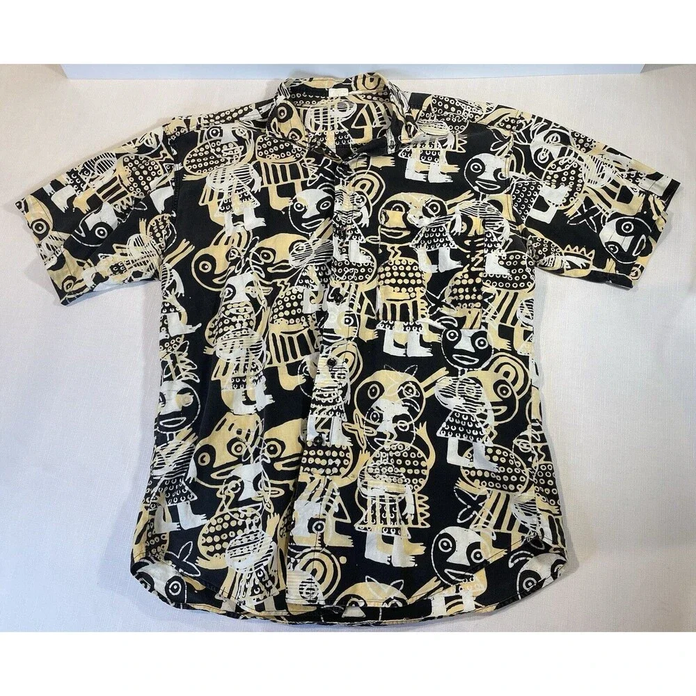 African Tribal Hawaiian Shirt Mens Large Square Buttons Kuta Bali Black Gold VTG